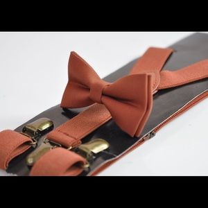 Redish Brown Cotton Bowtie + Matched Elastic Suspenders